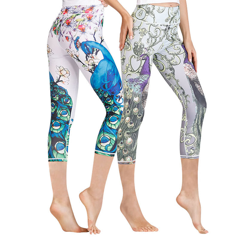 Lotus Cherry Blossom Gradient Peacock Print Lycra Fabric Sports Cropped Leggings Women's Yoga Capri Pants