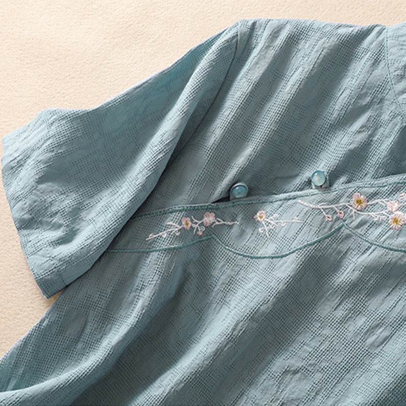 Plum Blossom Embroidery Frog-Button Short Sleeve Cotton Linen Shirt
