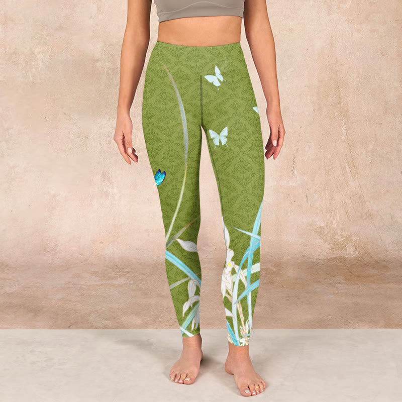 Green Butterfly Orchid Flowers Print Gym Leggings Women's Yoga Pants