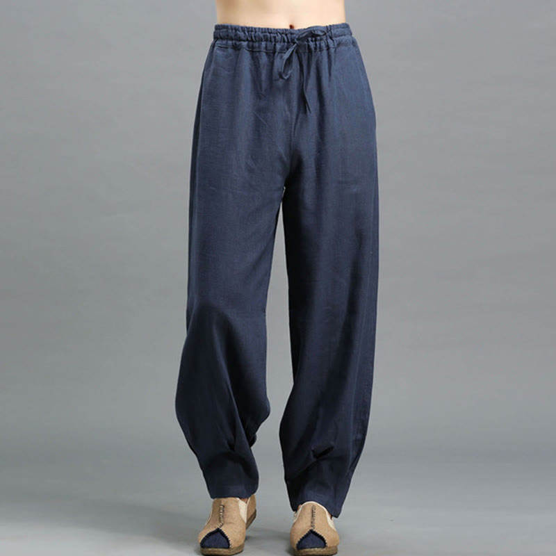 Casual Plain Color Elastic Drawstring Ramie Linen Men's Pants With Pockets