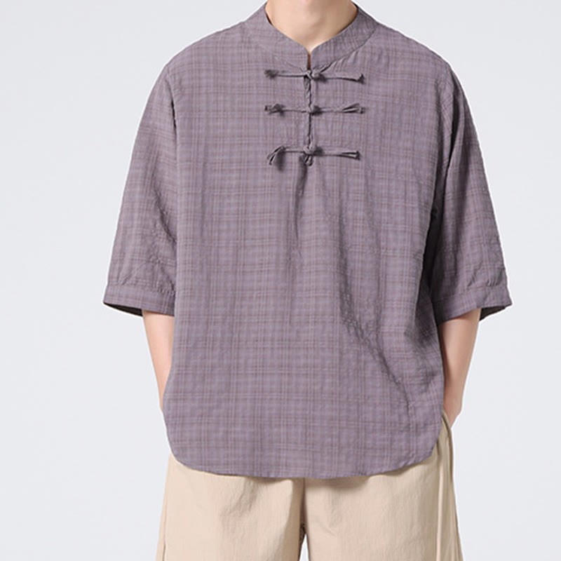 Frog-Button Plaid Pattern Chinese Tang Suit Half Sleeve Shirt Cotton Linen Men Clothing