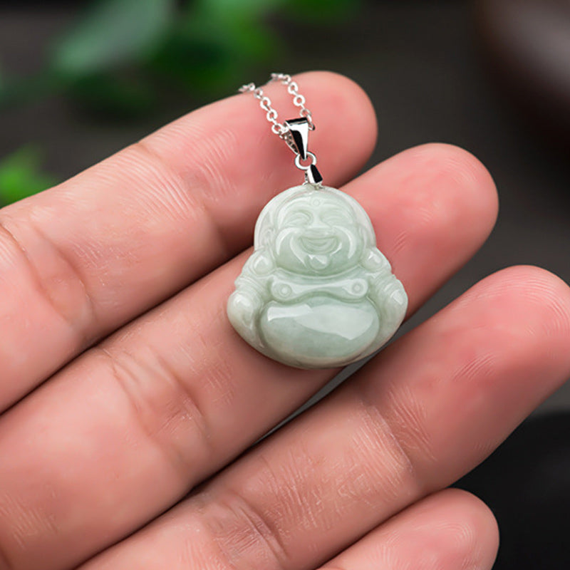 925 Sterling Silver Laughing mystic zen Jade Blessing Necklace Chain Pendant