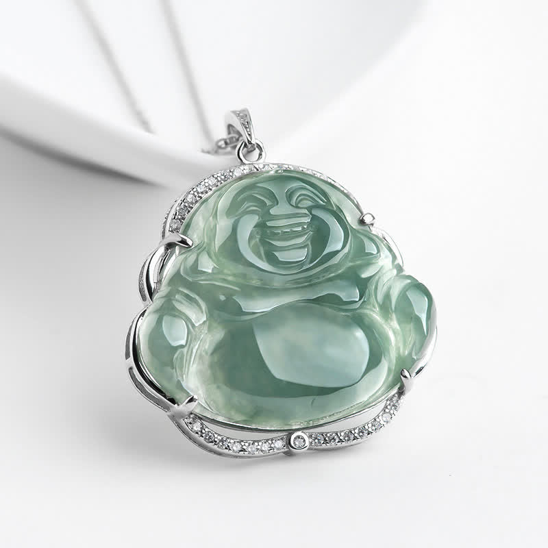 925 Sterling Silver Laughing mystic zen Natural Jade Luck Necklace Chain Pendant