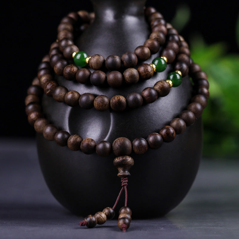 108 Mala Beads Indonesia Tarakan Rare Agarwood Cyan Jade Ward Off Evil Spirits Bracelet
