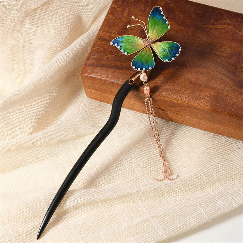 Intangible Cultural Heritage Craft Ebony Wood Silk Flower Butterfly Pearl Blessing Hairpin