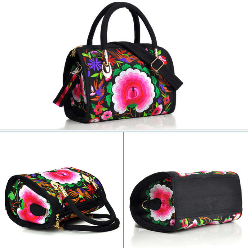 Money Tree Peony Camellia Double-Sided Embroidery Canvas Shopping Purse Handbag Crossbody Bag