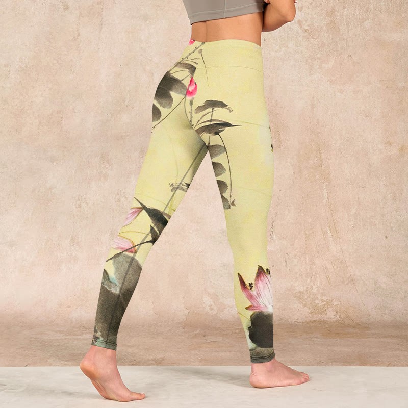 Pink Blooming And Unbloomed Lotus Print Gym Leggings Women's Yoga Pants