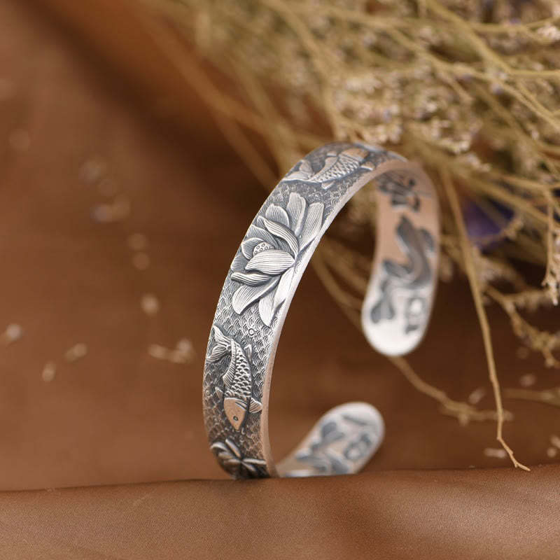 999 Sterling Silver Luck Koi Fish Lotus Wealth Bracelet Bangle