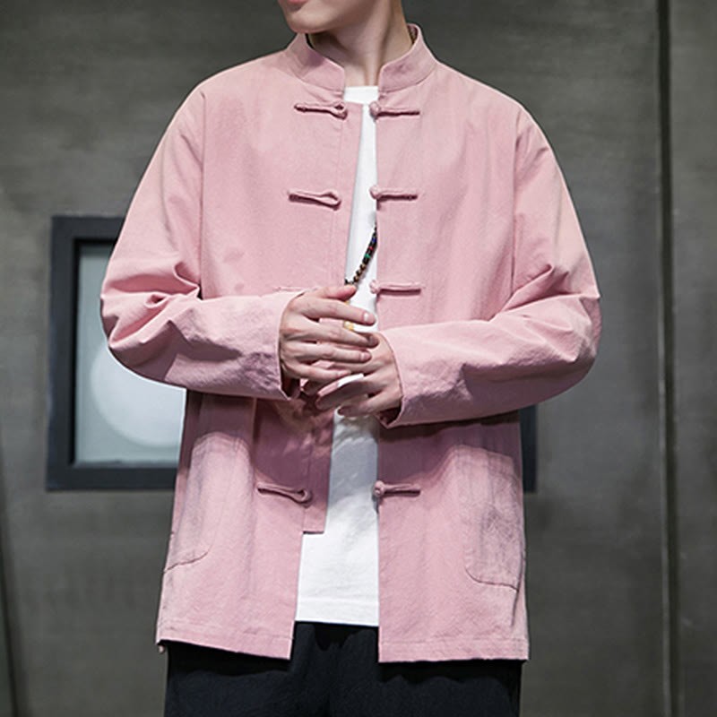 Solid Color Frog-button Tang Suit Cotton Linen Men's Jacket Shirt With Pockets