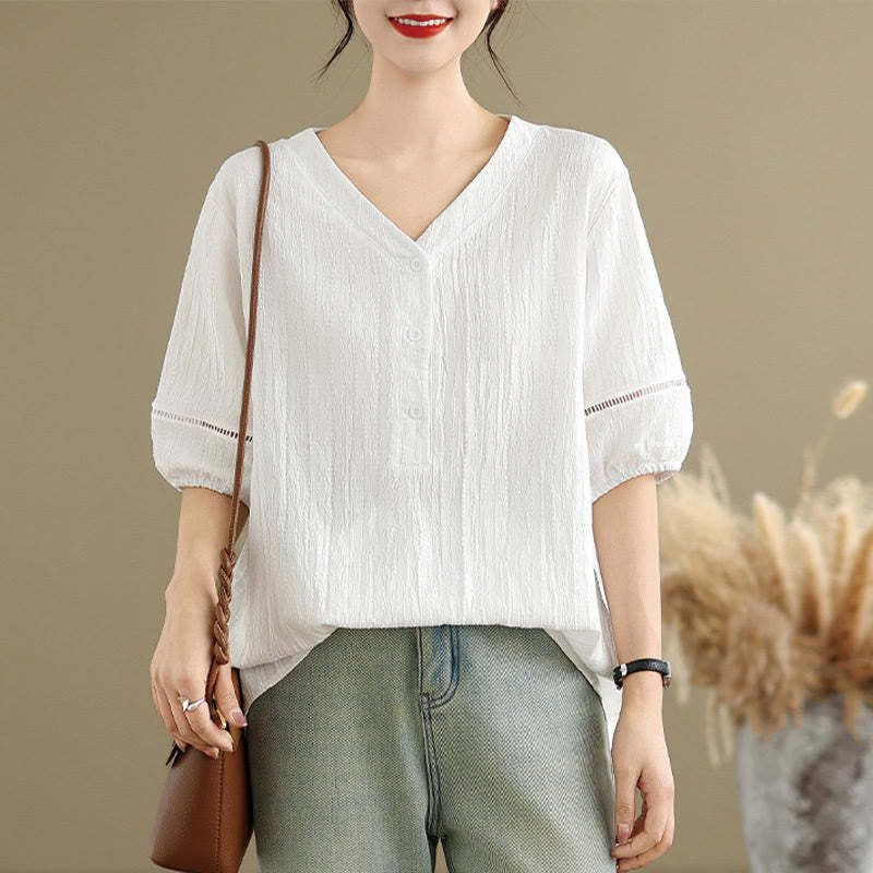 Summer Casual Pure Half Puff Sleeve Half Button V-neck Women's T-Shirt