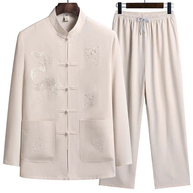 Chinese New Year Embroidered Dragon Frog-button Tang Suit Hanfu Long Sleeve Top Pants Clothing Men's Set