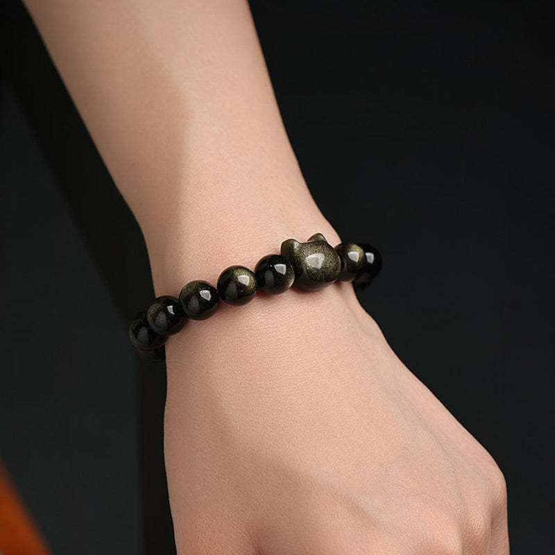 Gold Sheen Obsidian Silver Sheen Obsidian Lovely Paw Lucky Cat Protection Bracelet