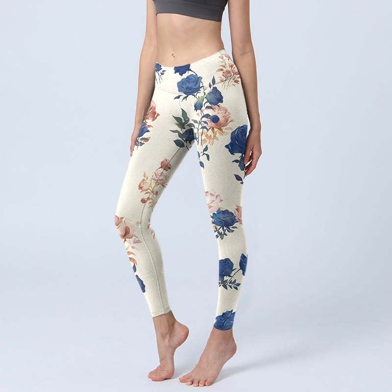 Red Blue Rose Leaf Print Gym Leggings Women's Yoga Pants