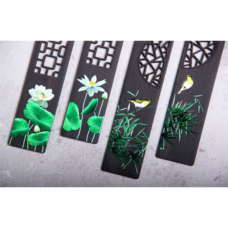 Green Lotus Bamboo Oriole Ebony Wood Bookmarks With Gift Box
