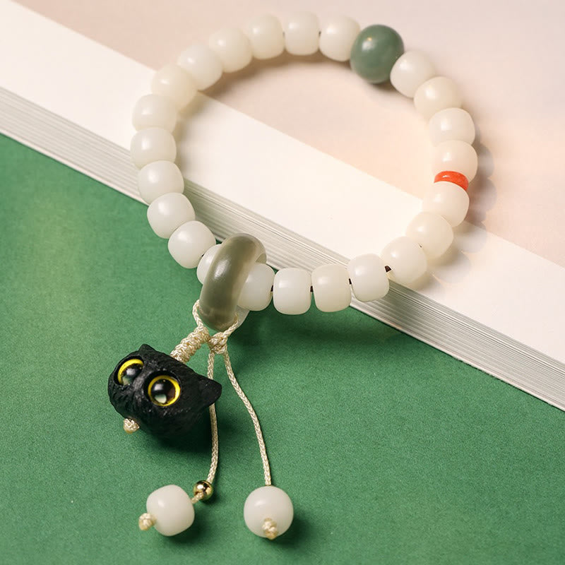 Natural Bodhi Seed African Blackwood Lovely Cat Charm Peace Harmony Bracelet