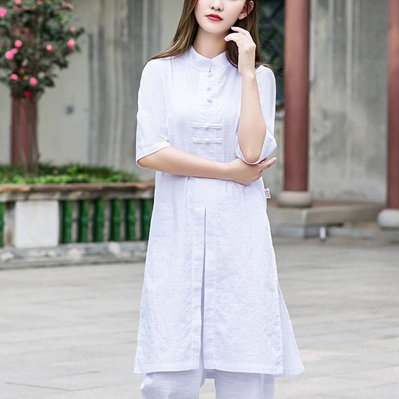 2Pcs Half Sleeve Shirt Top Pants Meditation Zen Tai Chi Linen Clothing Women's Set