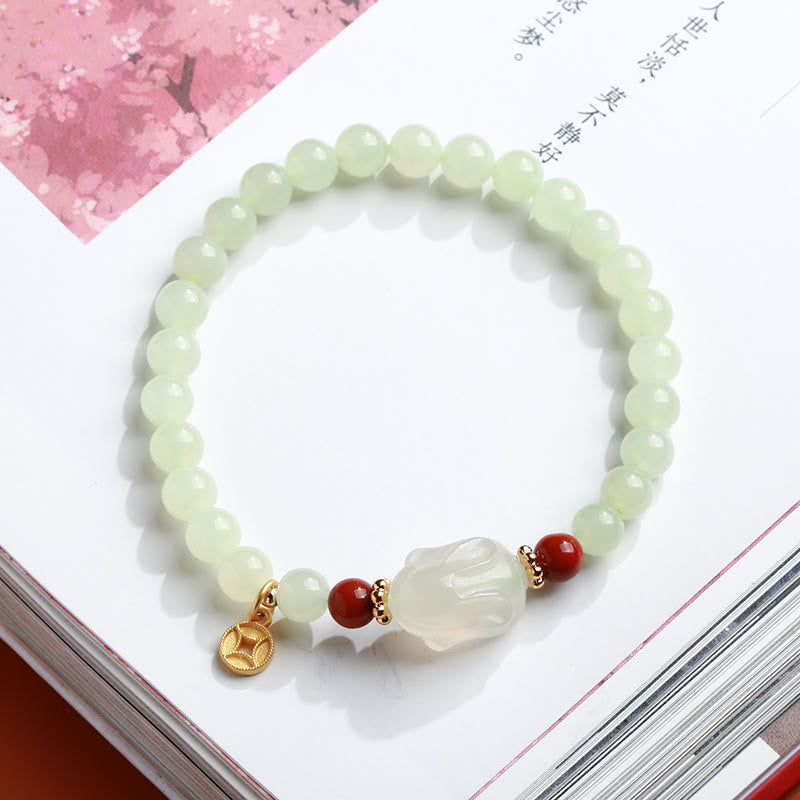 925 Sterling Silver Plated Gold Natural Hetian Jade Bead Gourd Lotus Bamboo Fu Character Luck Bracelet