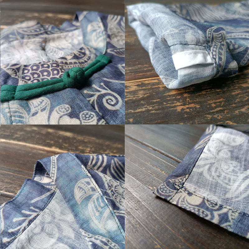 Birds Flowers Geometry Frog-Button Long Sleeve Ramie Linen Jacket Shirt