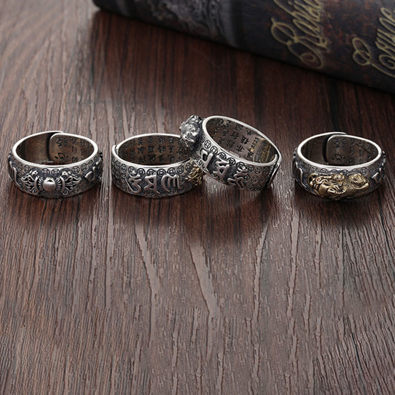 Tibetan 990 Sterling Silver Om Mani Padme Hum PiXiu Dorje Vajra Heart Sutra Engraved Wealth Ring