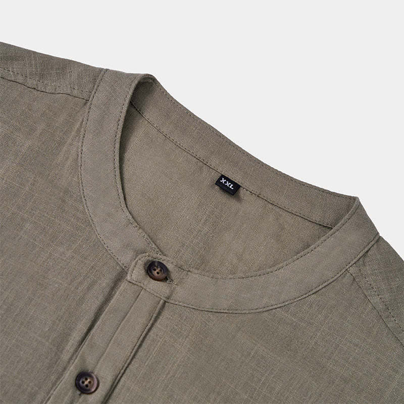 Men's Summer Solid Color Short Sleeve Half Button Cotton Linen Shirt