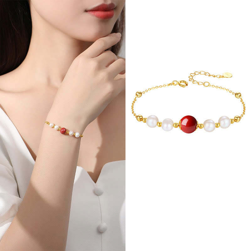 925 Sterling Silver Pearl Cinnabar Healing Bead Chain Bracelet