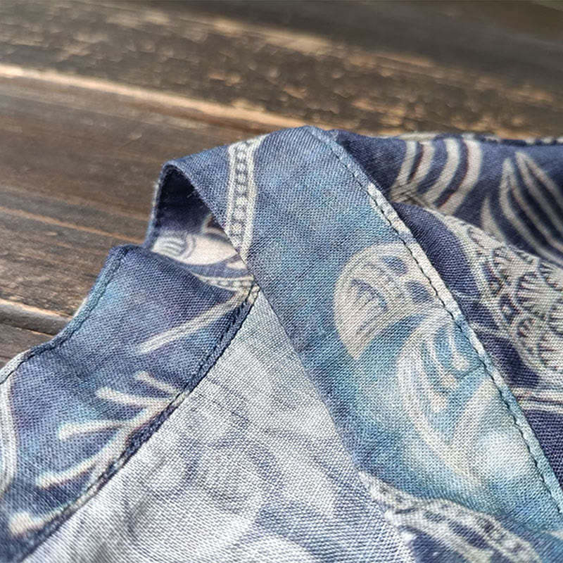 Birds Flowers Geometry Frog-Button Long Sleeve Ramie Linen Jacket Shirt