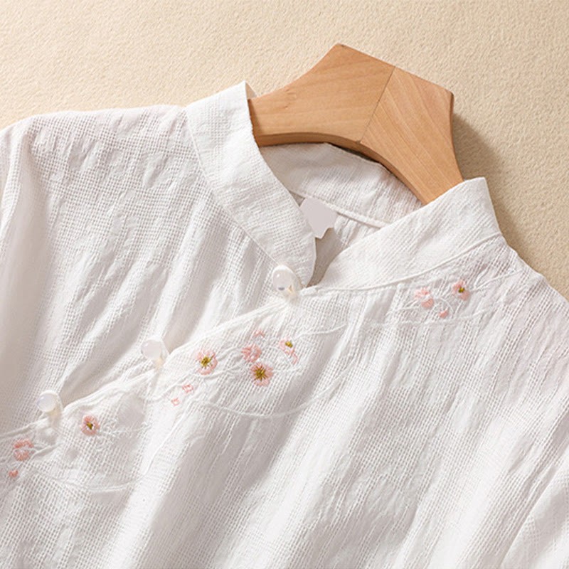 Plum Blossom Embroidery Frog-Button Short Sleeve Cotton Linen Shirt