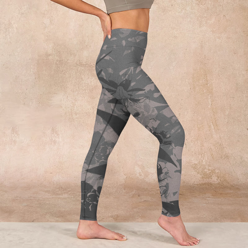 Gray Leaves Print Gym Leggings Women's Yoga Pants