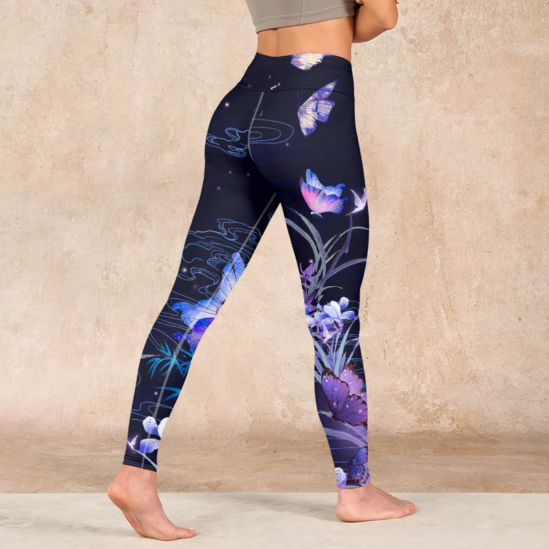 Midnight Blue Flower Purple Butterfly Exercise Leggings Women's Yoga Pants