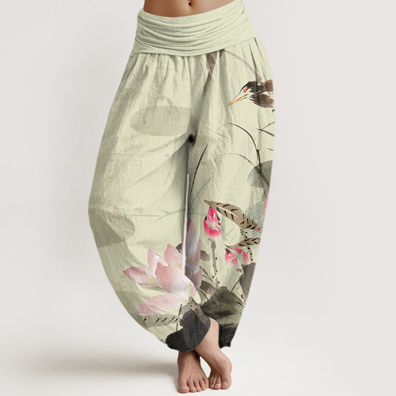 Pink Lotus Leaves Bird Pattern Women's Elastic Waist Harem Pants