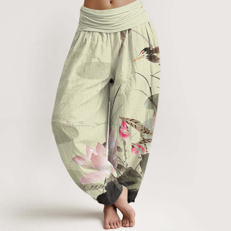 Pink Lotus Leaves Bird Pattern Women's Elastic Waist Harem Pants