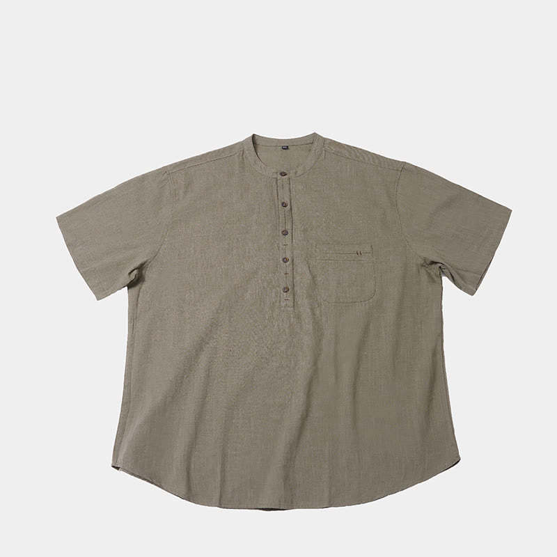 Men's Summer Solid Color Short Sleeve Half Button Cotton Linen Shirt