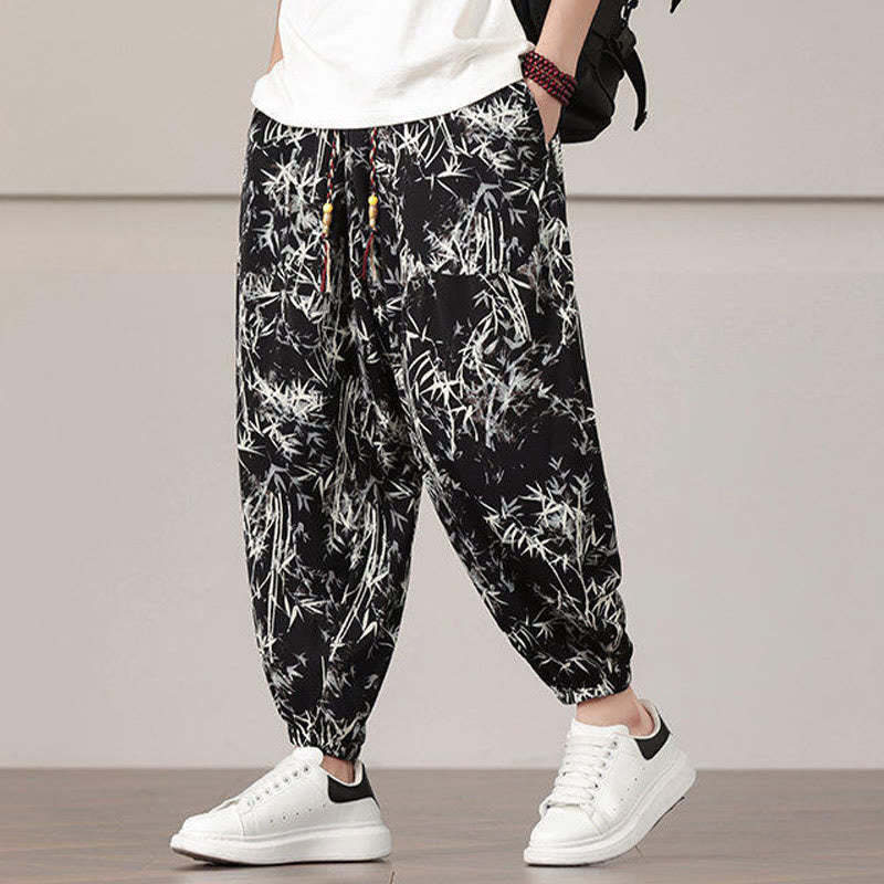 Bamboo Leaf Pattern Drawstring Men's Harem Pants With Pockets