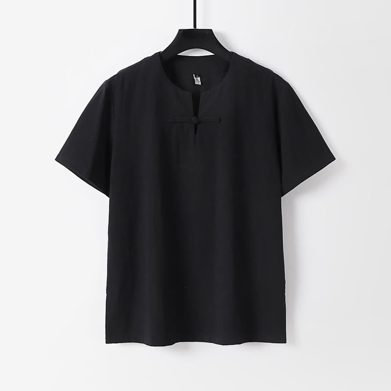 Solid Color Short Sleeve One Frog Button Cotton Linen Men's Shirt