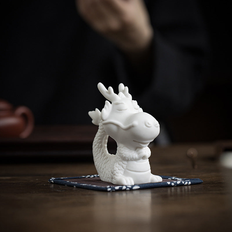 Year Of The Dragon Luck White Porcelain Ceramic Tea Pet Home Figurine Decoration