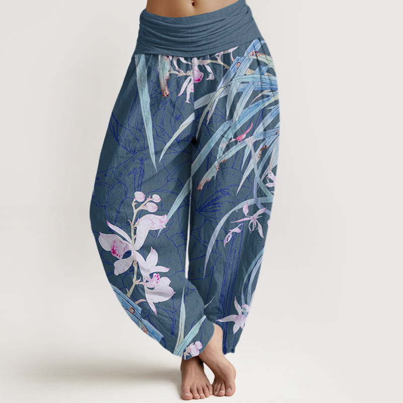 Weeds Plant Wilting Flowers Pattern Women's Elastic Waist Harem Pants