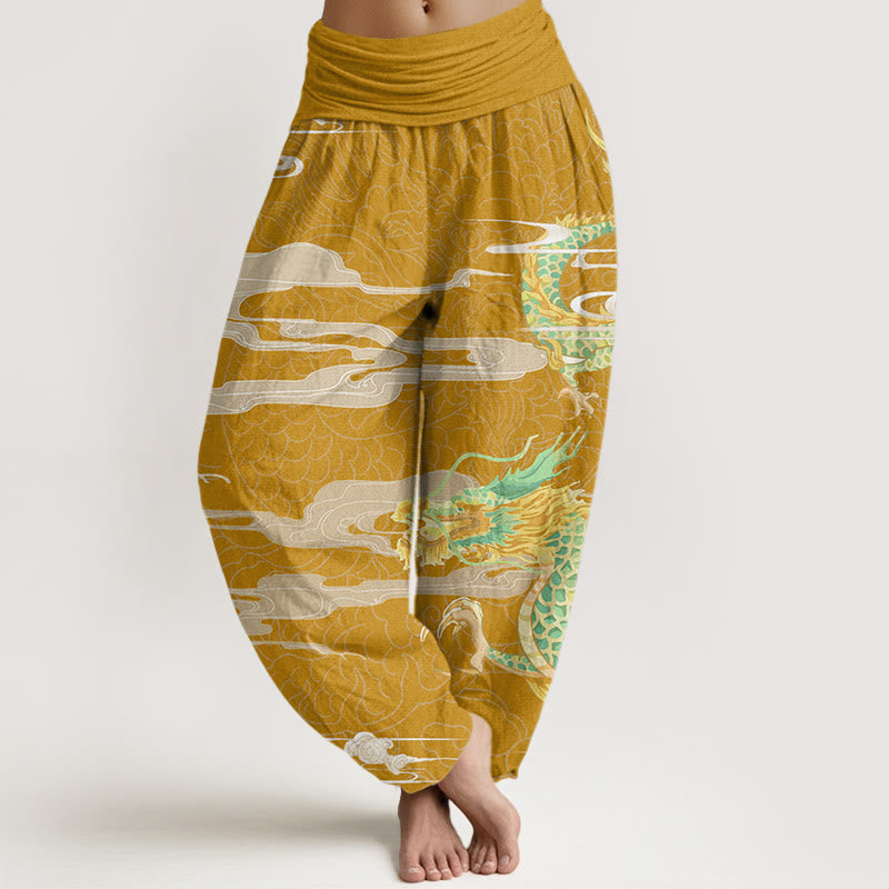Casual Dragon Auspicious Clouds Pattern Women's Elastic Waist Harem Pants