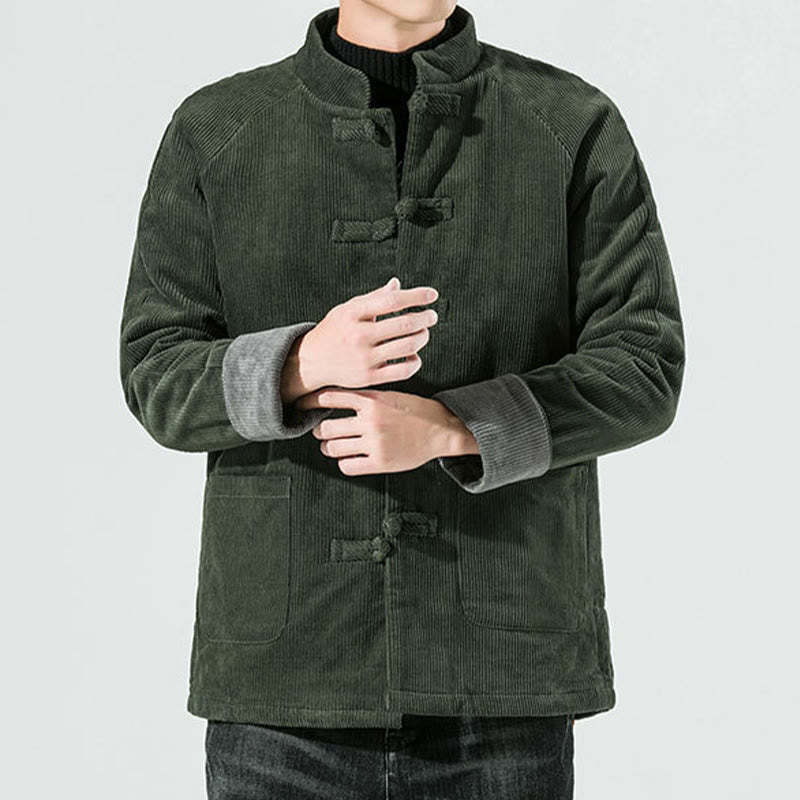 Frog-Button Chinese Tang Suit Stand Collar Long Shirt Corduroy Men Cotton Jacket Clothing