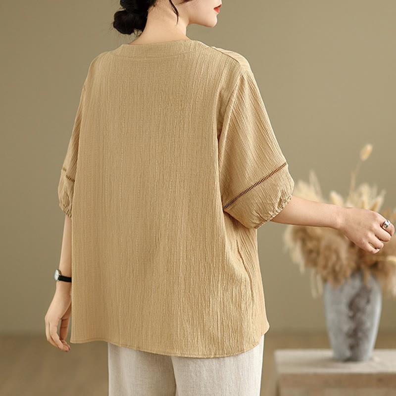 Summer Casual Pure Half Puff Sleeve Half Button V-neck Women's T-Shirt