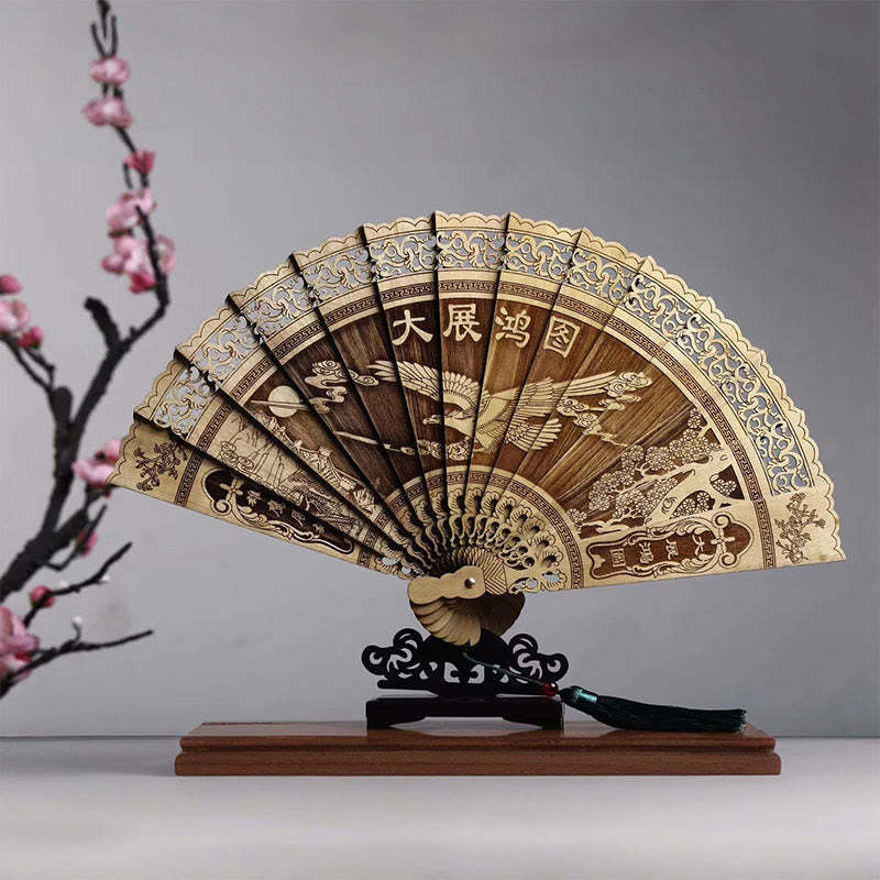 Koi Fish Peony Bird Flower Engraved Hollow Handheld Phoebe Zhennan Wood Folding Fan 22cm