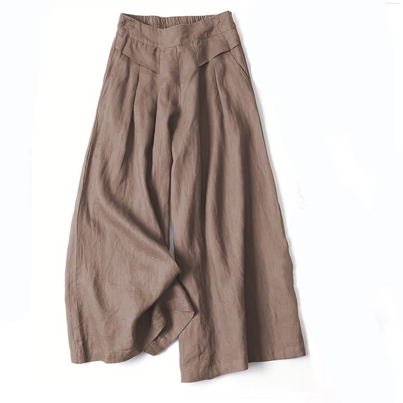 Plain Color Cotton Linen High Waist Wide Leg Pants With Pockets