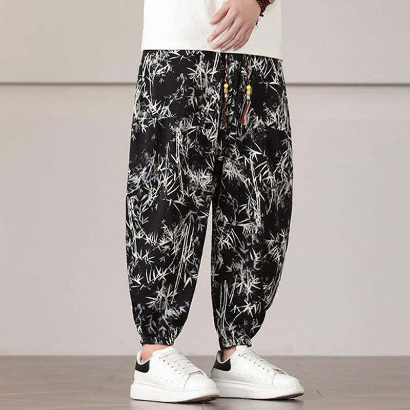 Bamboo Leaf Pattern Drawstring Men's Harem Pants With Pockets