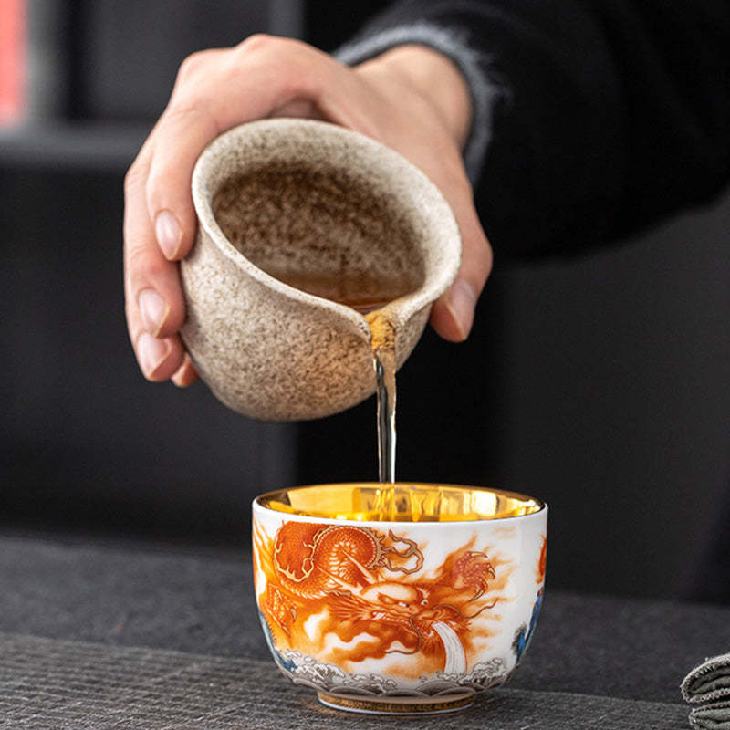 Dragon Phoenix Crane Sun Ocean Waves Gilt Ceramic Teacup Kung Fu Tea Cup 170ml