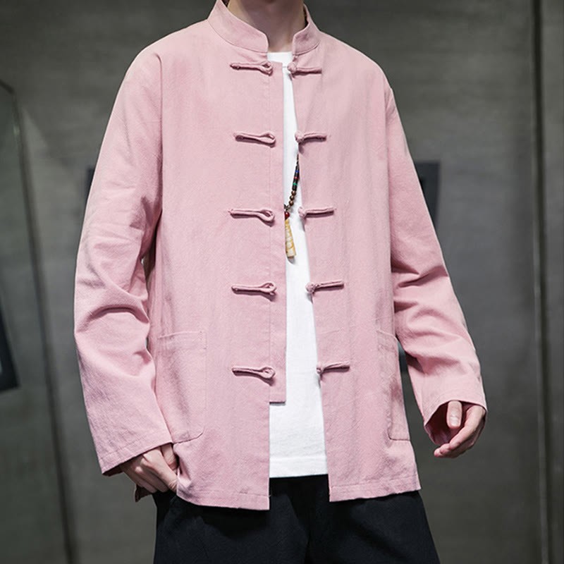Solid Color Frog-button Tang Suit Cotton Linen Men's Jacket Shirt With Pockets