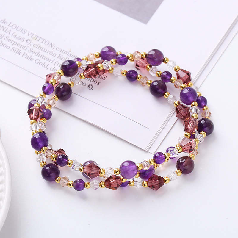 Natural Tourmaline Strawberry Quartz Amethyst Peace Wisdom Double Wrap Bracelet