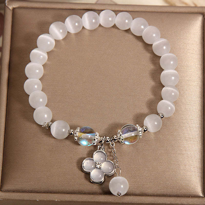 Cat's Eye Crystal Lucky Four Leaf Clover Charm Love Bracelet