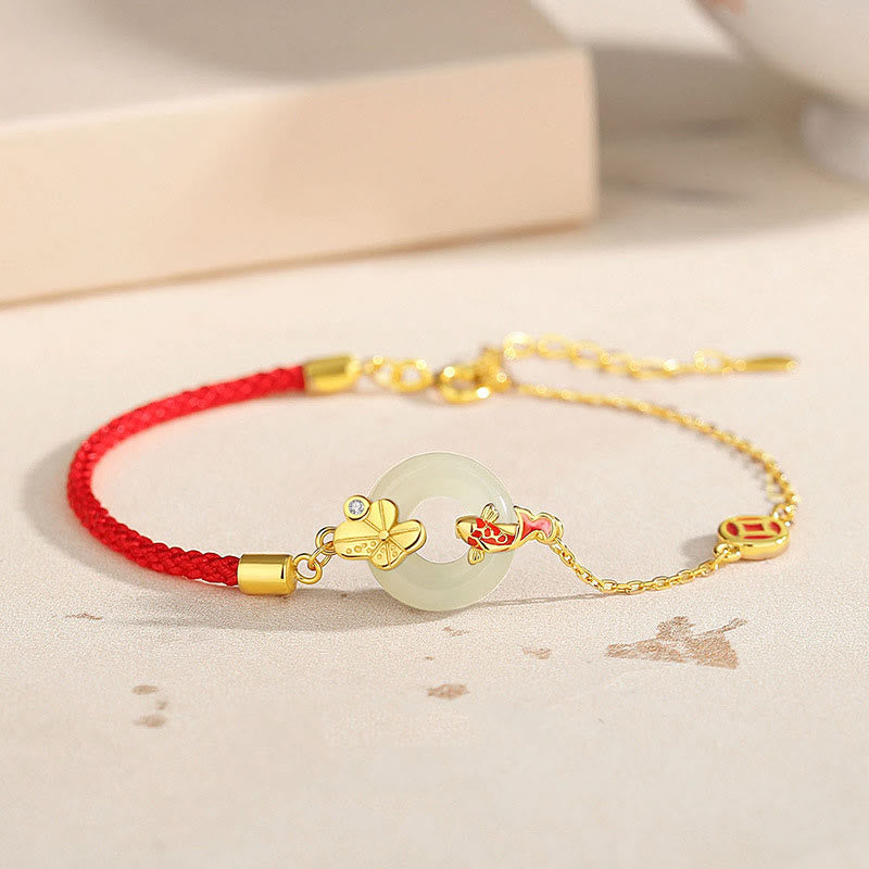 Handmade 925 Sterling Silver Hetian Jade Chinese Goldfish Peace Buckle?Red Rope Bracelet