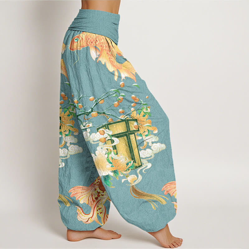 Koi Fish Lanterns Chrysanthemums Fruit Trees Women's Elastic Waist Harem Pants