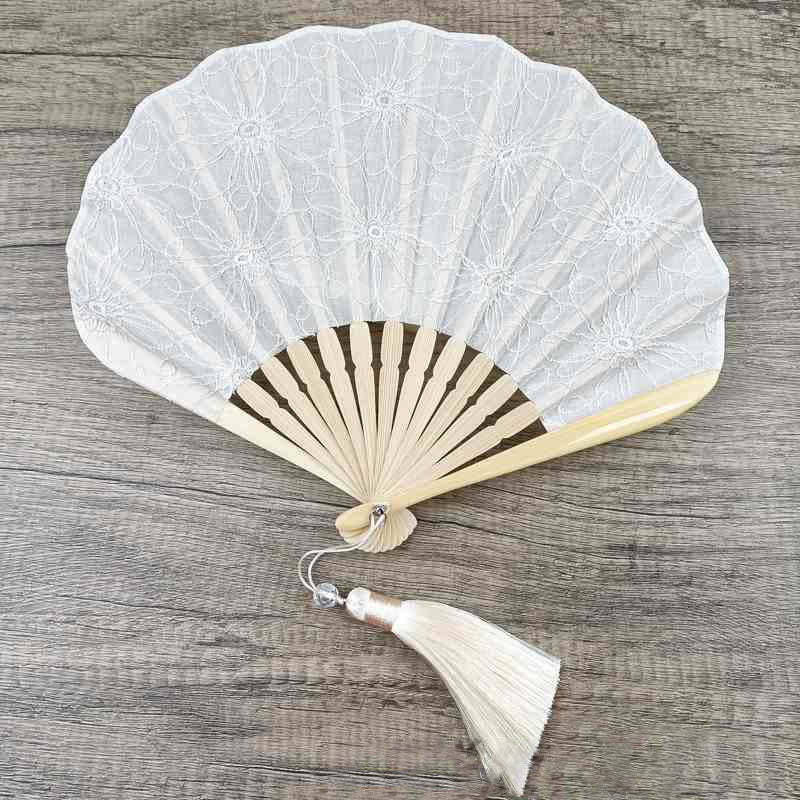 Retro Large Flower Embroidery Shell Shape Tassels Handheld Bamboo Folding Fan