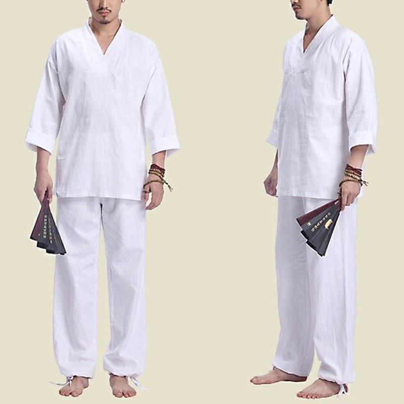 Meditation Prayer V-neck Design Cotton Linen Spiritual Zen Practice Yoga Clothing Men's Set